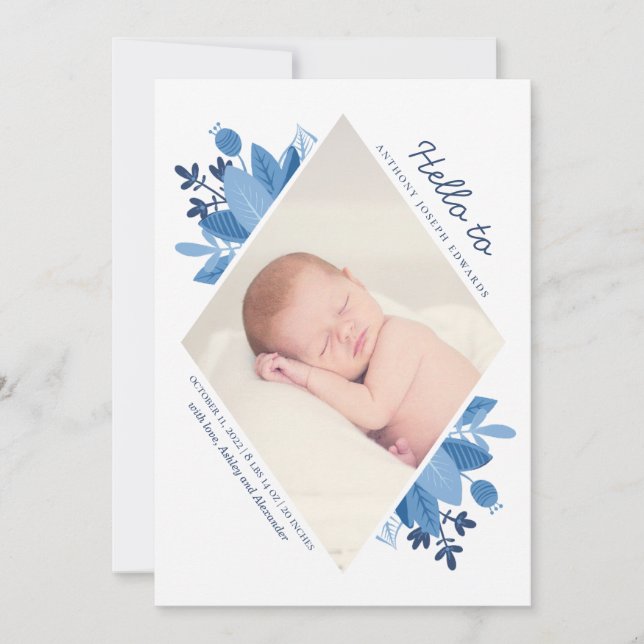 Blue floral baby boy birth. Modern flowers newborn Announcement (Front)