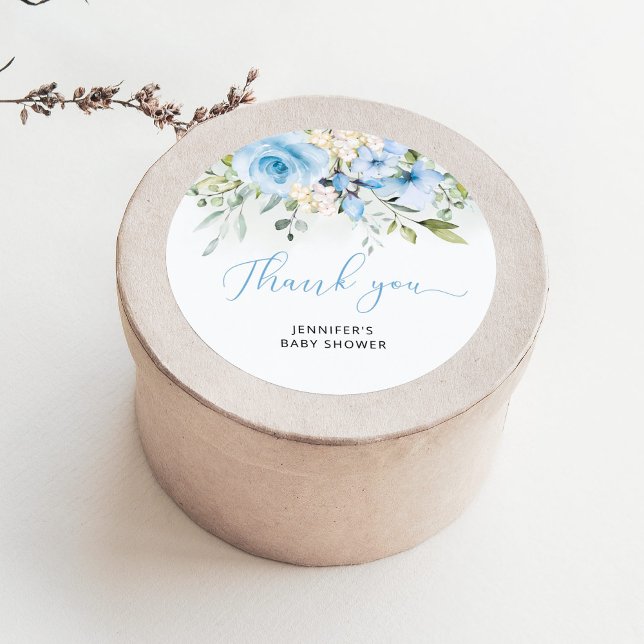 Blue floral baby boy shower classic round sticker (Creator Uploaded)
