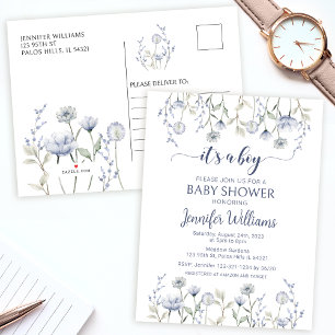 Blue floral baby boy shower Invitation Postcard