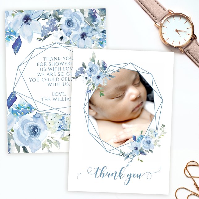 Blue floral baby boy shower photo thank you cards (Creator Uploaded)