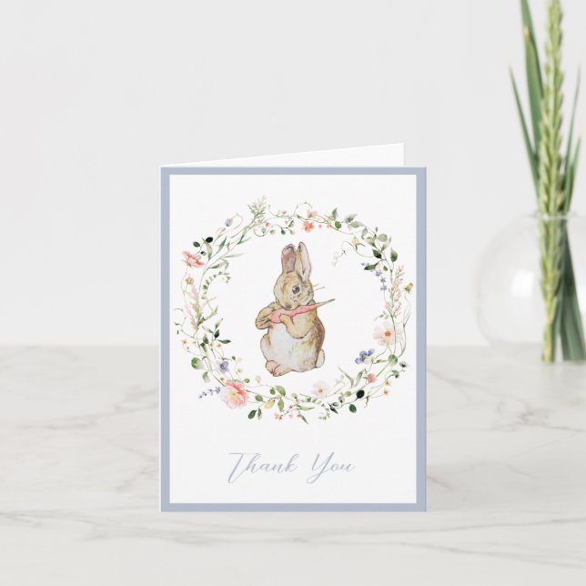 Blue Floral Baby Bunny Baby Shower   Thank You Card (Front)