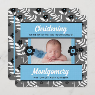 Blue Floral Baby Christening with Photo Invitation