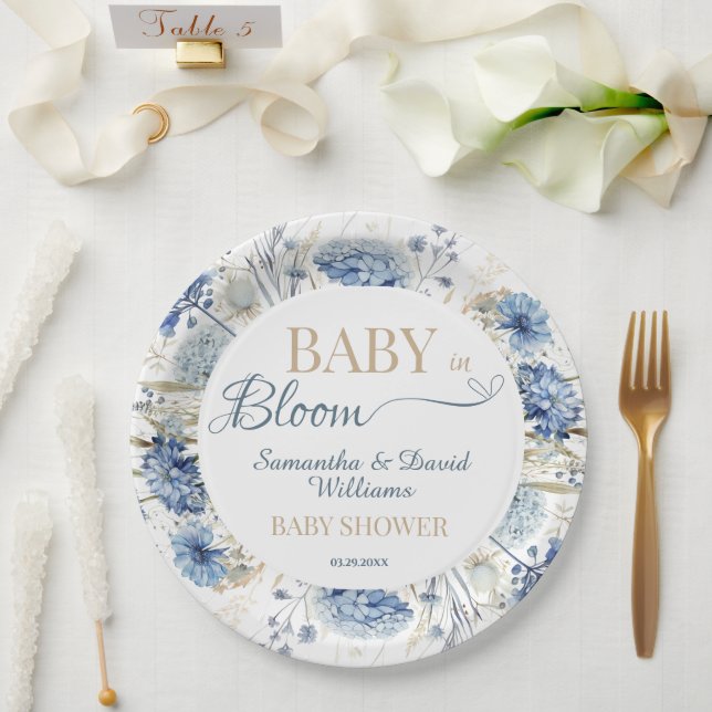 Blue Floral Baby in Bloom Garden Baby Shower Party Paper Plate (Wedding)