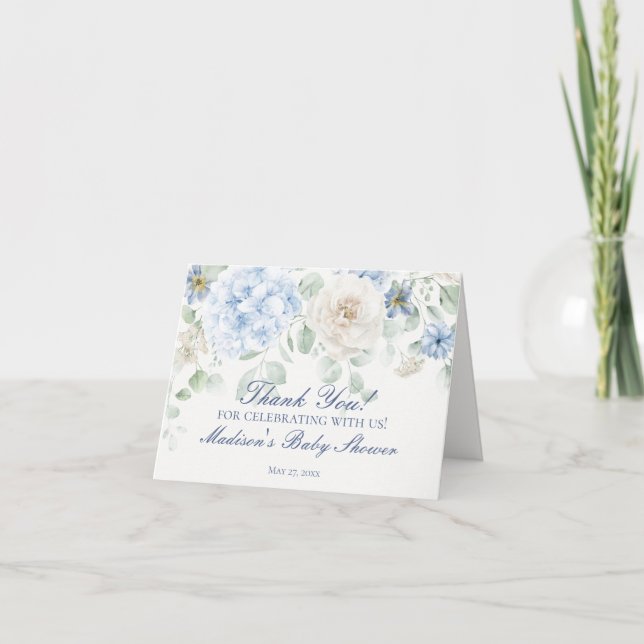 Blue Floral Baby in Bloom Shower Thank You Card  (Front)