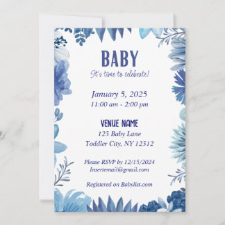 Blue Floral Baby Invitation - Time to Celebrate
