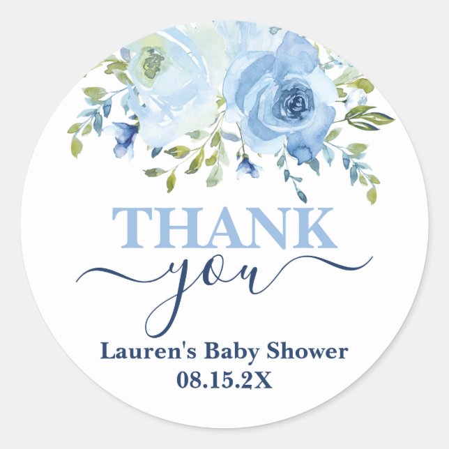 Blue Floral Baby Shower Boy Classic Round Sticker (Front)