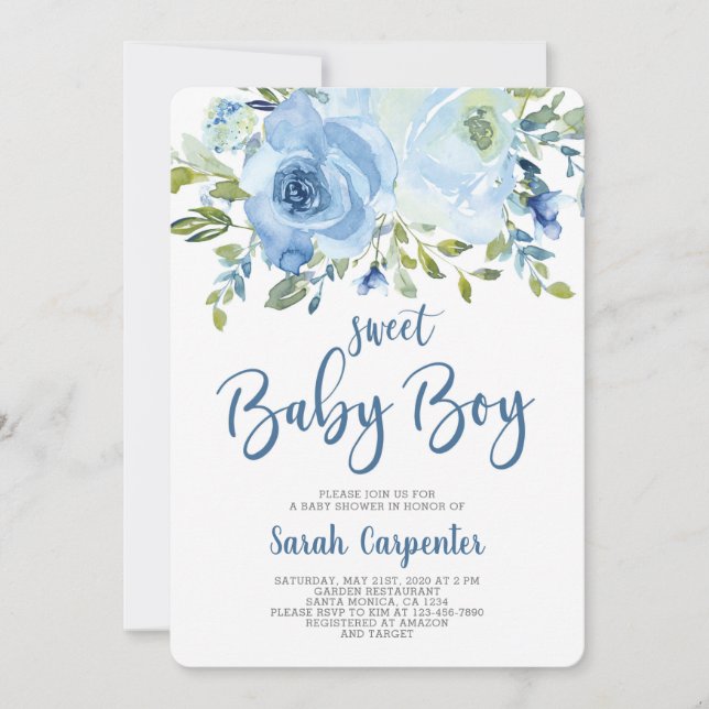 Blue floral baby shower boy invitation (Front)