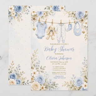 Blue Floral Baby Shower Clothesline Baby Shower Invitation