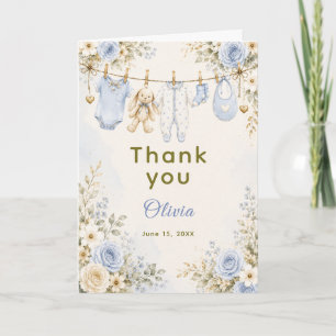 Blue Floral Baby Shower Clothesline Baby Shower Thank You Card
