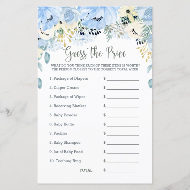 Blue Floral Baby Shower Game Guess the Price (Front)