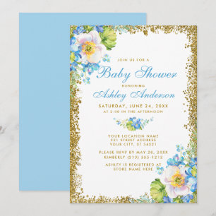 Blue Floral Baby Shower Gold Glitter Invitation B