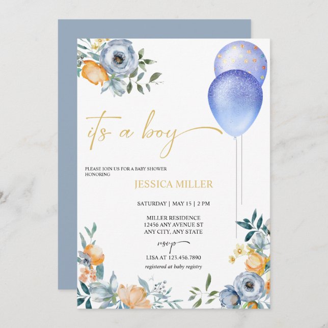 Blue Floral Baby Shower | Its a Boy Invitation (Front/Back)