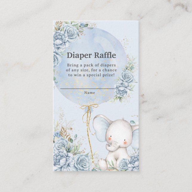 Blue Floral Balloon Elephant Baby Shower Diaper Enclosure Card (Front)