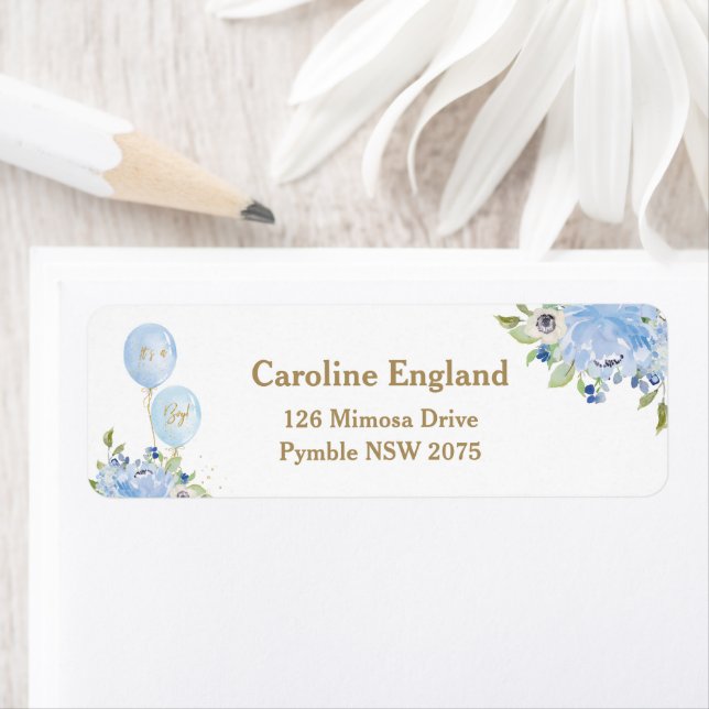 Blue Floral Balloons Baby Shower Return Address Label (Insitu)