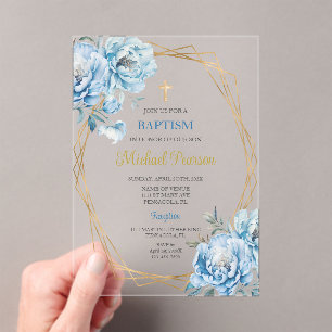 Blue floral baptism acrylic invitations