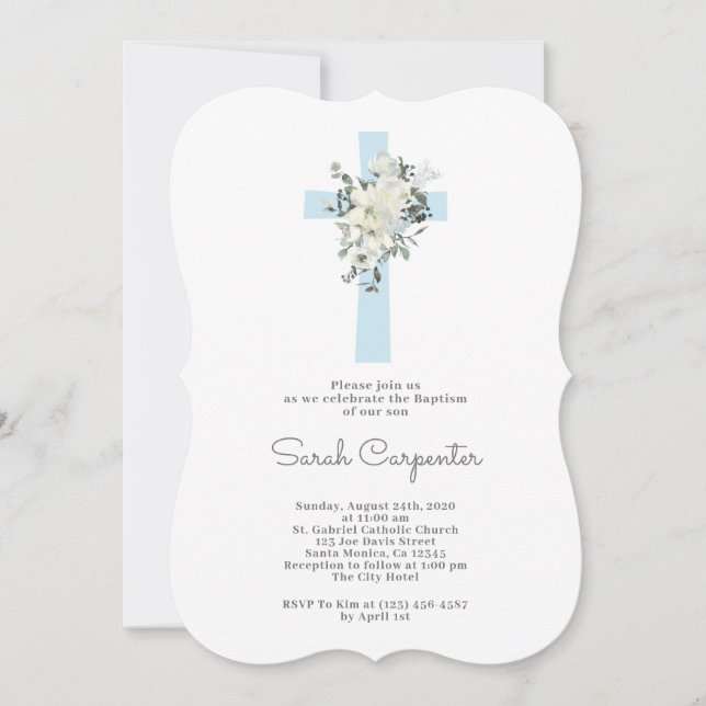 Blue floral Baptism boy invitation (Front)