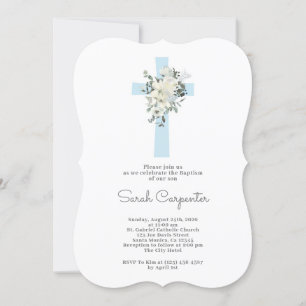 Blue floral Baptism boy invitation
