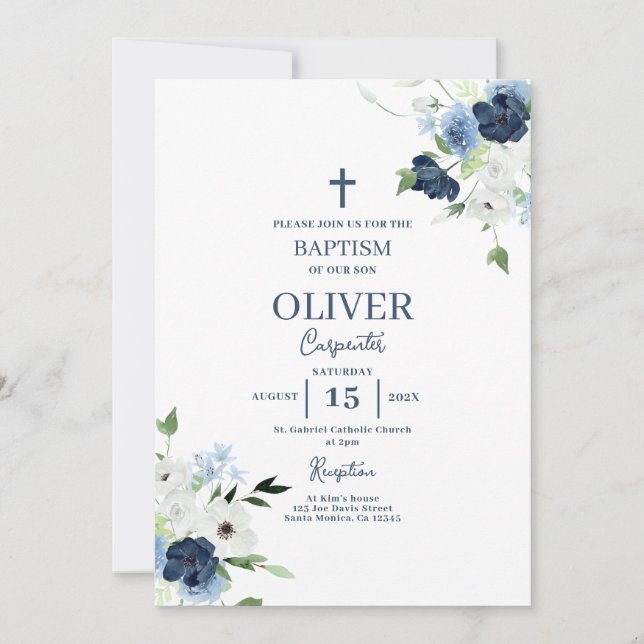 Blue Floral Baptism Boy Invitation (Front)