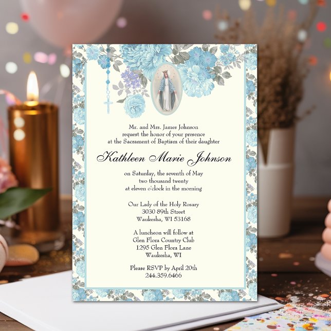 Blue Floral Baptism Christening Virgin Mary  Invitation (Created exclusively by the Shower of Roses Shoppe)