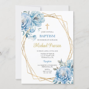 Blue floral baptism invitation