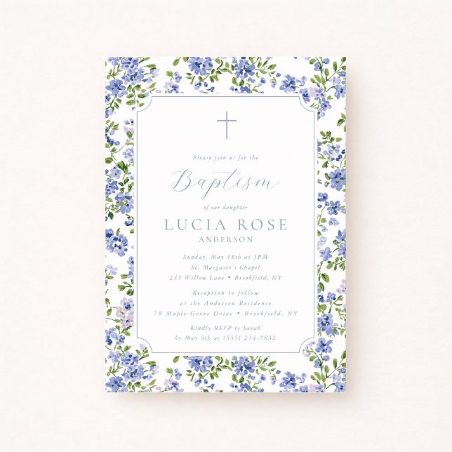 Blue Floral Baptism Invitation for Girl (Creator Uploaded)