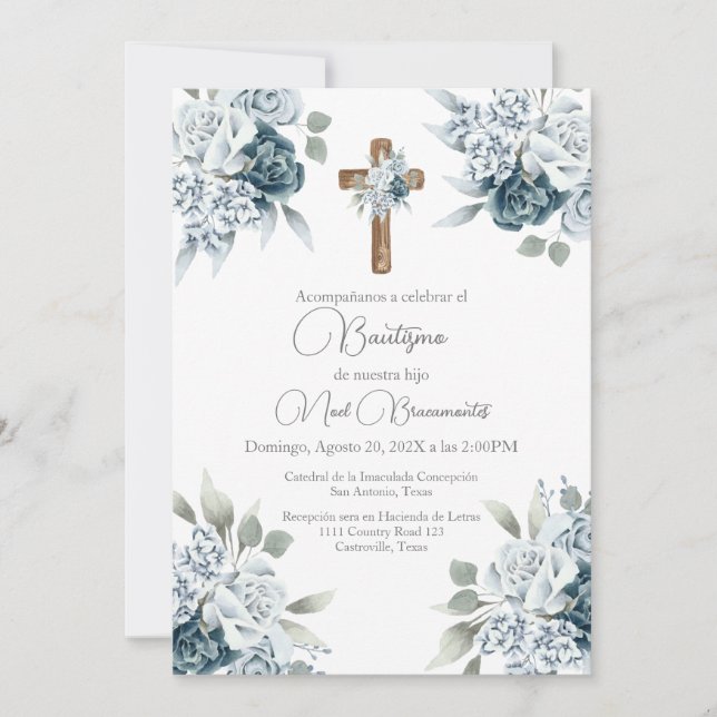 Blue floral baptism invitation in spanish  (Front)