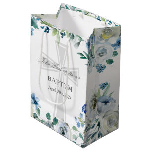 Blue Floral Baptism Party Christian Cross Custom Medium Gift Bag
