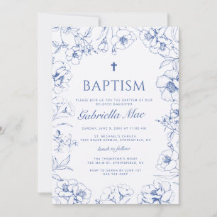 Blue Floral Baptism Photo Invitation