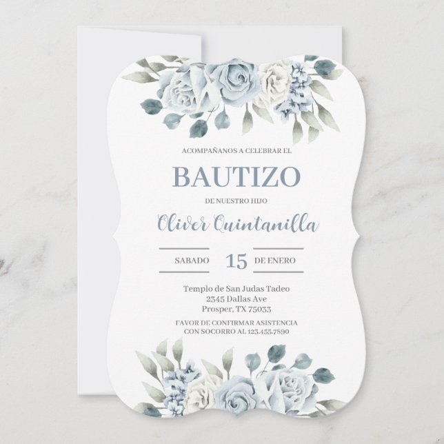 Blue Floral Baptism Spanish Invitation (Front)
