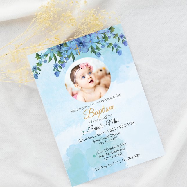 Blue Floral Baptism with Photo Invitation (Blue Floral Baptism with photo Invitation)