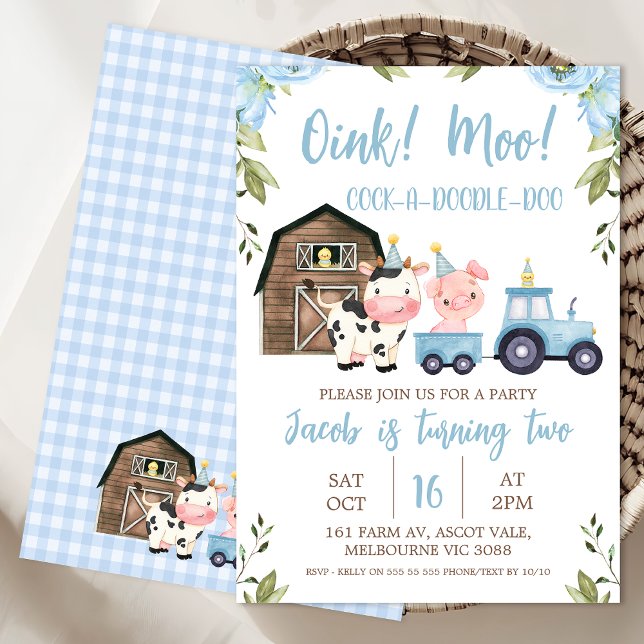 Blue Floral Barn Tractor Farm Birthday Invitation (Farm Birthday Invitation Templates, Oink Baa Moo Birthday Invitation Editable, Farm Animals Invite
)