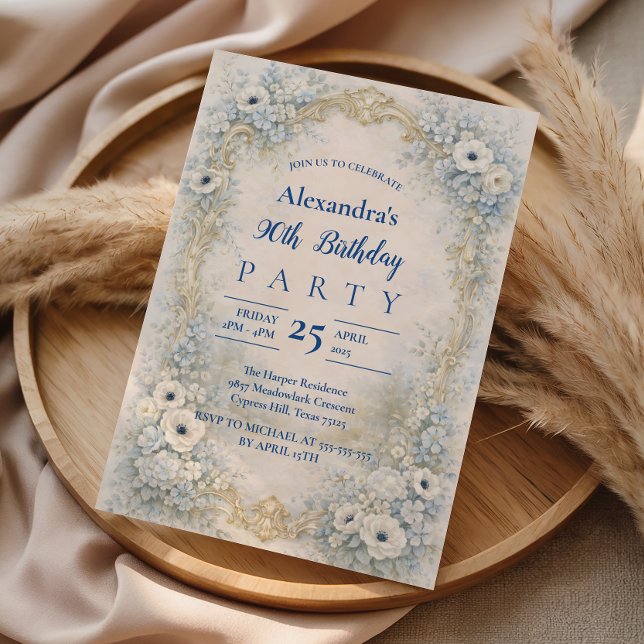 Blue Floral Baroque Frame 90th Birthday Invitation (Creator Uploaded)