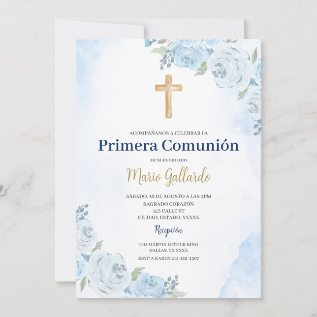 Blue Floral Bautizo Spanish Invitation (Front)