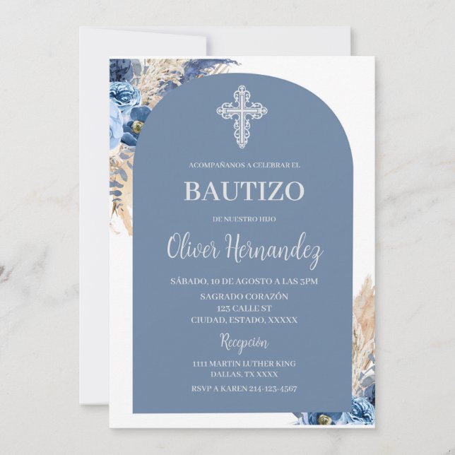 Blue Floral Bautizo Spanish Invitation (Front)