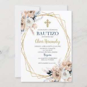 Blue Floral Bautizo Spanish Invitation