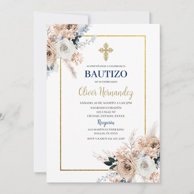 Blue Floral Bautizo Spanish Invitation (Front)