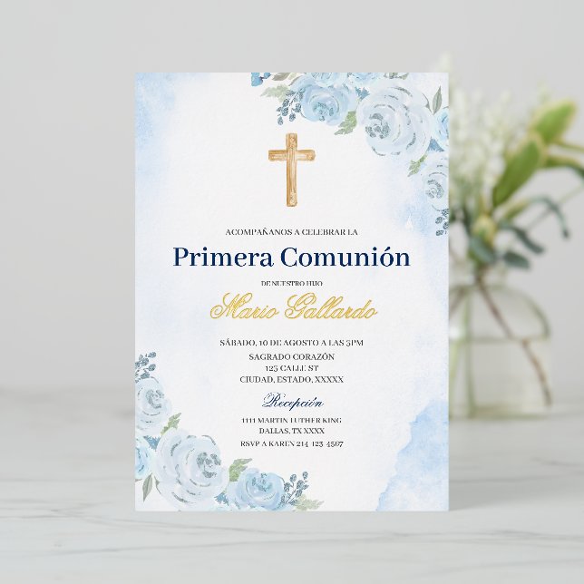 Blue Floral Bautizo Spanish Invitation (Standing Front)