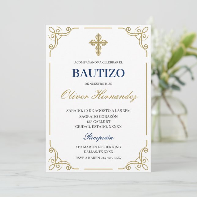 Blue Floral Bautizo Spanish Invitation (Standing Front)