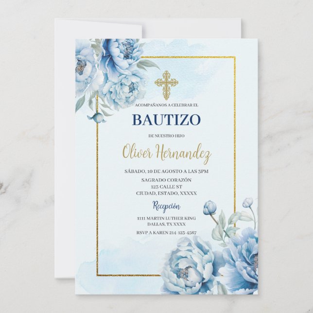 Blue Floral Bautizo Spanish Invitation (Front)