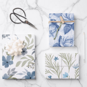 Blue Floral Beautiful Flower Garden Wrapping Paper Sheet