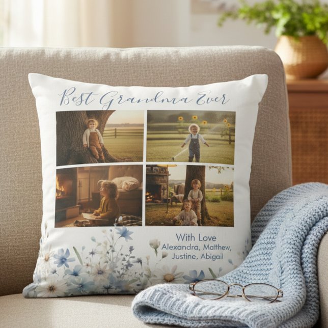 Blue Floral Best Grandma Ever Picture Gift Cushion (Blue floral best grandma photo gift throw pillow)