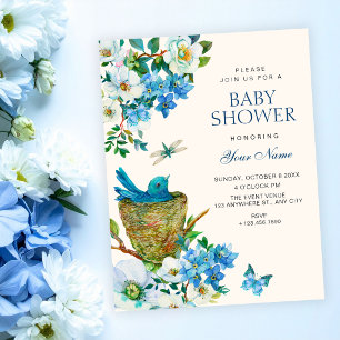 Blue Floral bird art elegant baby shower Invitation