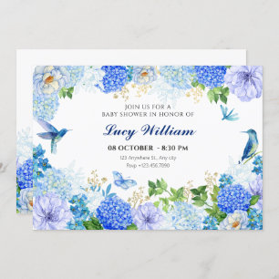 Blue floral bird elegant baby shower invitation