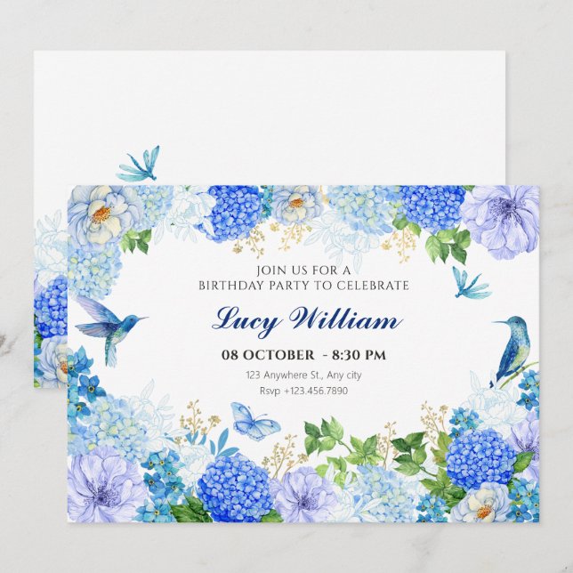 Blue floral bird elegant birthday invitation (Front/Back)