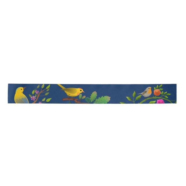 Blue Floral Bird Print  Satin Ribbon (Front)