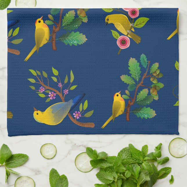 Blue Floral Bird Print Tea Towel (Folded)
