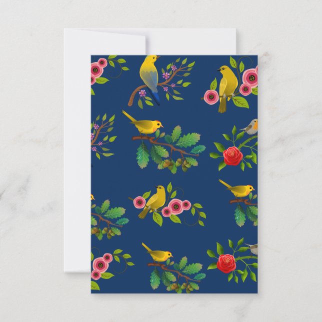Blue Floral Bird Print  Thank You Card (Front)