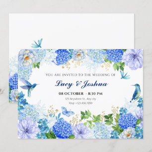 Blue floral bird simple elegant wedding invitation