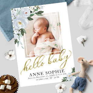 Blue Floral Birth Announcement & Thank You Card