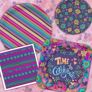 Blue Floral Birthday Fun Colorful Pattern Paper Plate